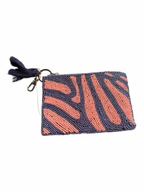New On 34th NWT Hand Beaded Coin Purse Coral Pink Purple Tassel Pouch & Key Ring